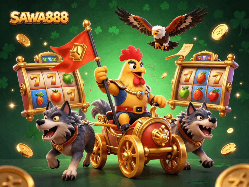 Experience thrilling gameplay with SAWA888's 3D illustration showcasing a rooster warlord amidst slot reels and golden elements.