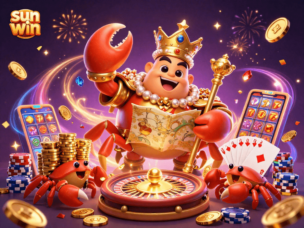 Win big with sun win's vibrant, dynamic casino scene featuring a golden crab emperor.