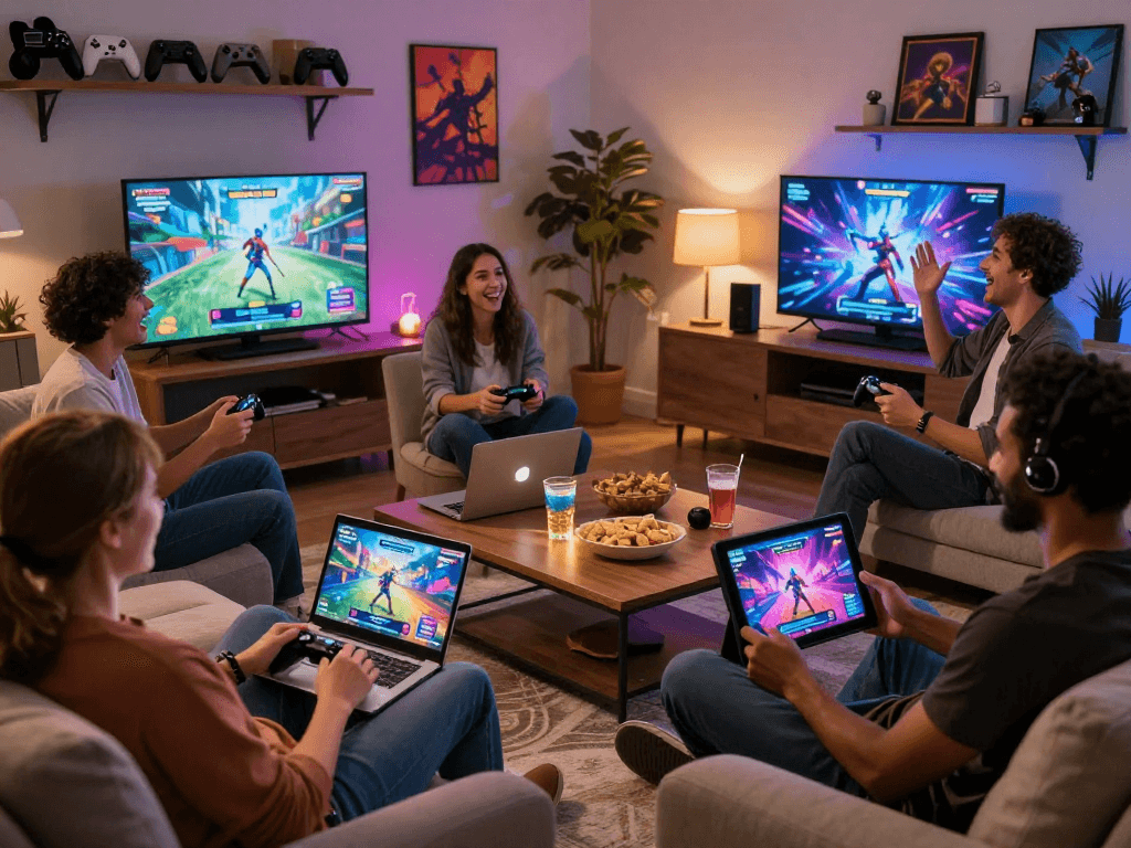 Adults enjoying porngame experiences together in a cozy gaming space