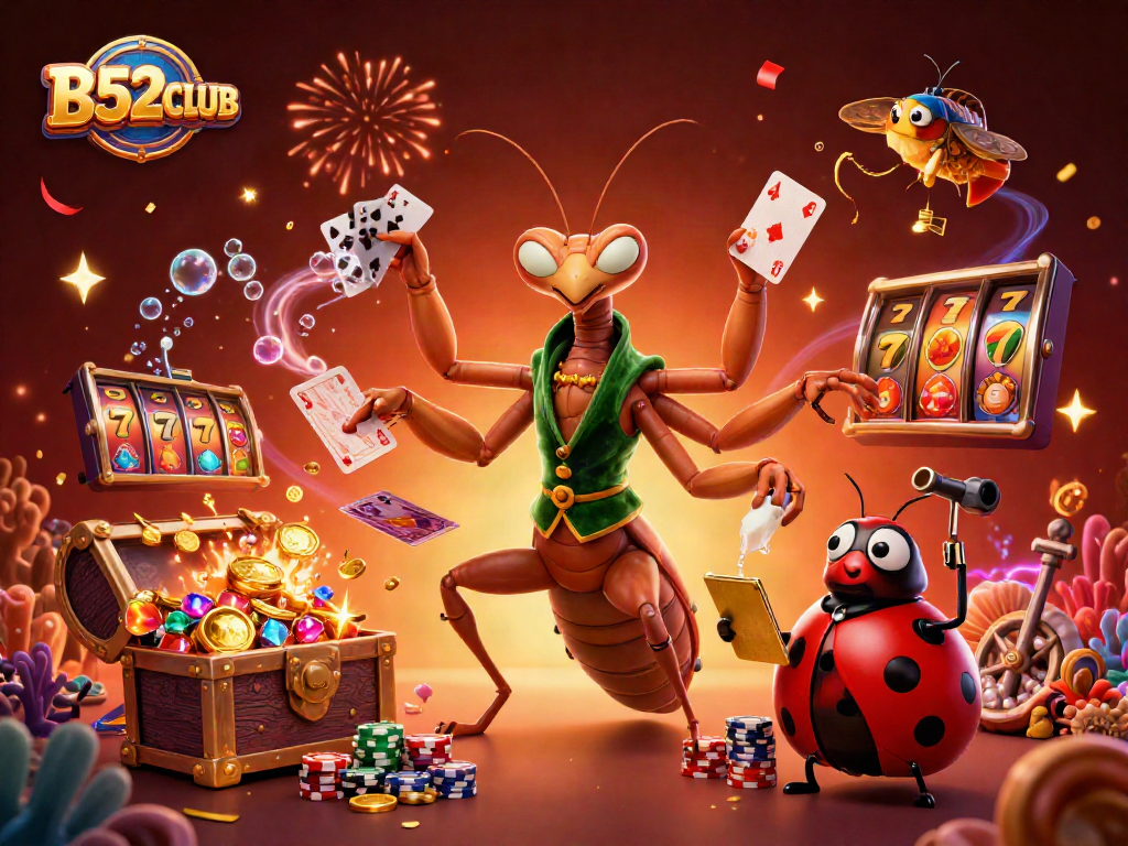 B52CLUB features a vibrant casino scene with a praying mantis card sharp and a ladybug pit boss amidst dynamic slot game elements.
