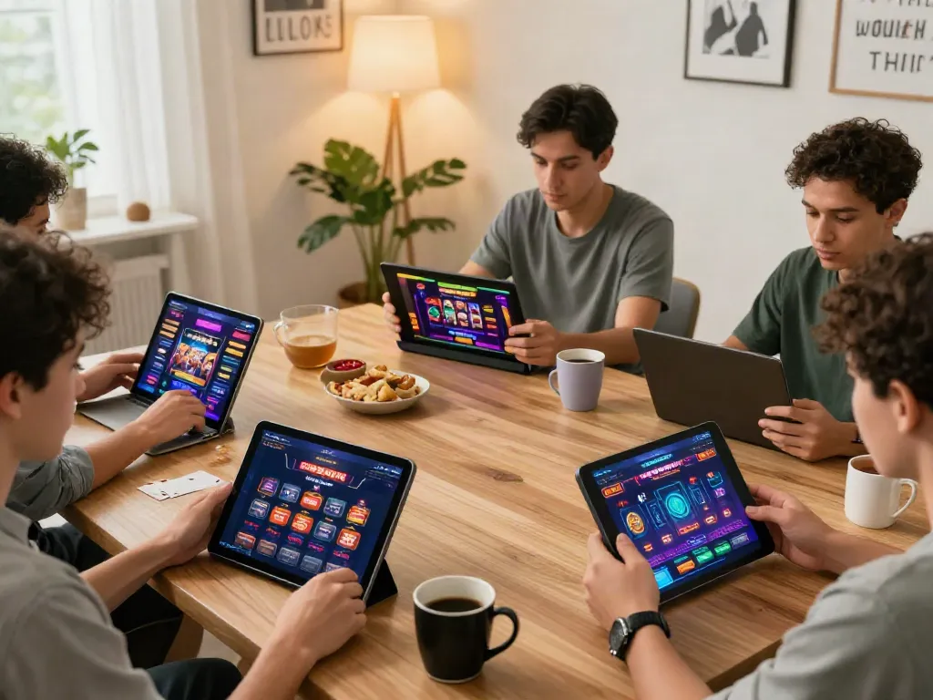 Users enjoying the DEBET online gambling platform on their devices in a cozy home setting.