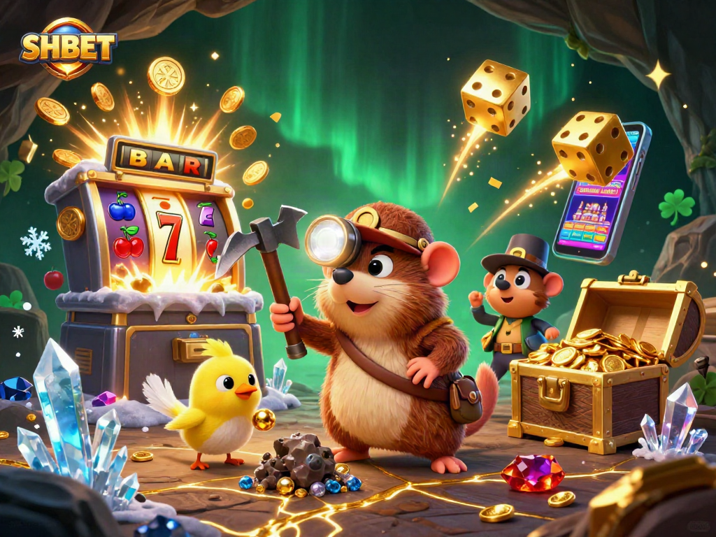 Experience the thrill of SHBET with vibrant gaming elements and a treasure hunter in action.