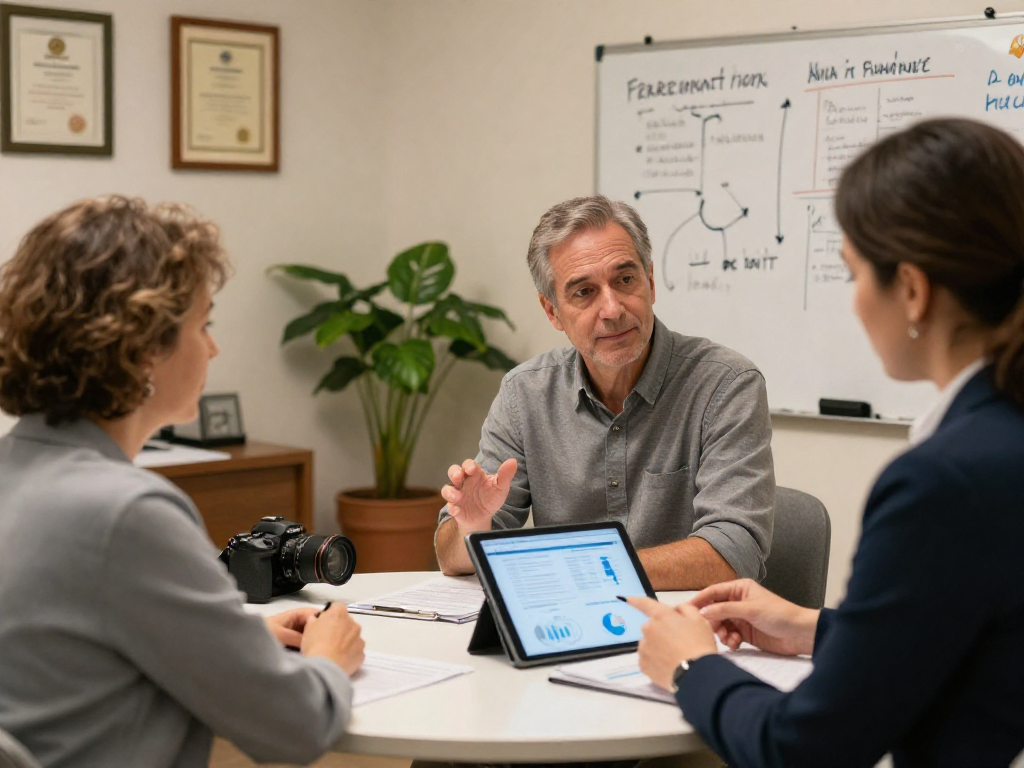 Financial counseling session discussing credit consolidation solutions at https://credit-consolidation.ca/ with engaged couple and financial counselor.