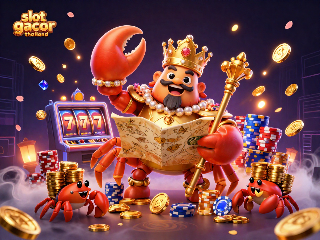 Engage with slot gacor thailand featuring a golden crab emperor and vibrant casino elements.