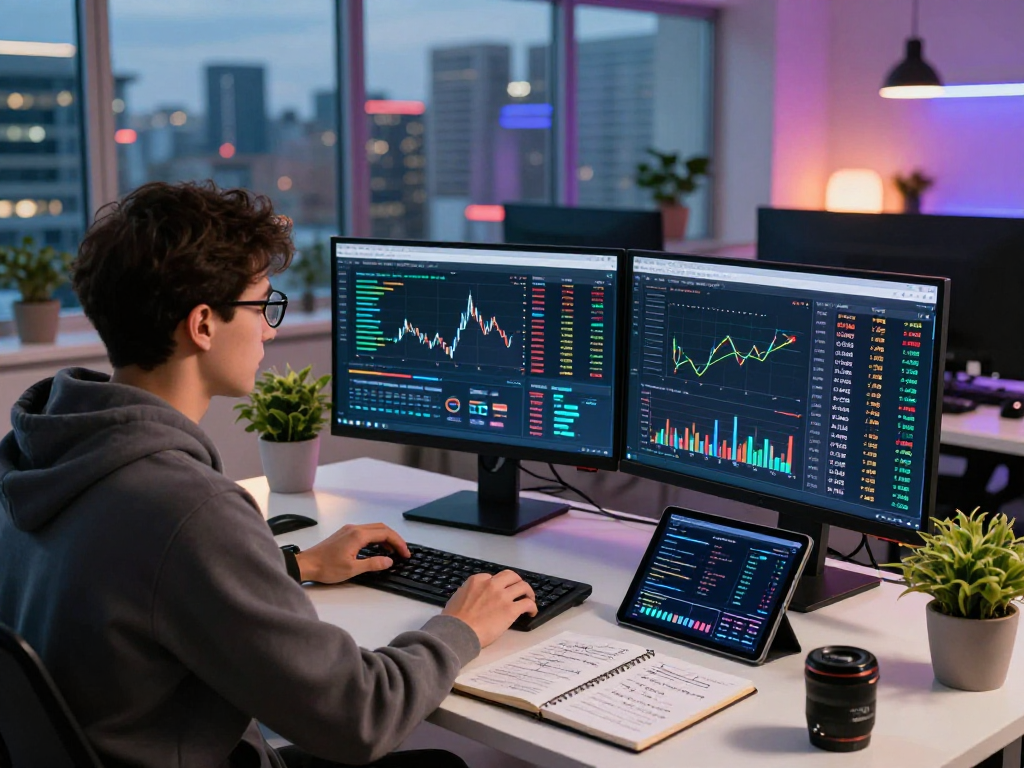 Tornardocash analysis in a modern workspace, showing data analyst reviewing blockchain transactions with insightful visualizations and a vibrant city skyline.