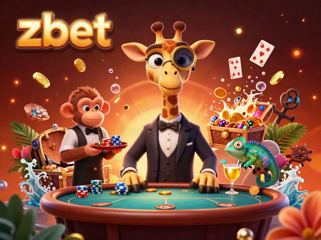 ZBET showcases an ultra-detailed 3D scene with a high-roller giraffe, monkey valet, and chameleon bartender at an exciting casino table.
