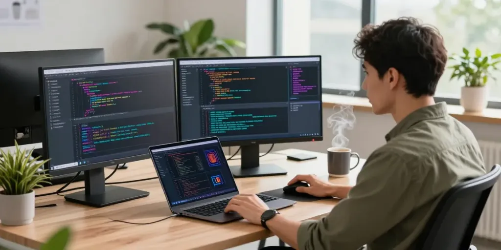 Developer using instant indexing tools in a vibrant tech workspace.