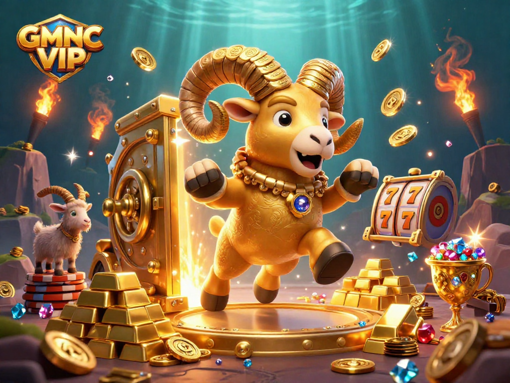 Engage with GMNC VIP through an exciting online casino atmosphere featuring golden elements and thrilling slot action.