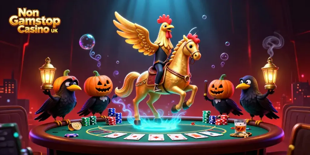 Join the thrilling excitement at a Non Gamstop Casino UK, featuring poker tables and vibrant gaming elements.