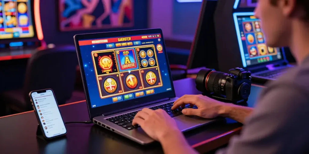Exciting gaming scene at non gamstop casinos with a player on a laptop and vibrant graphics.