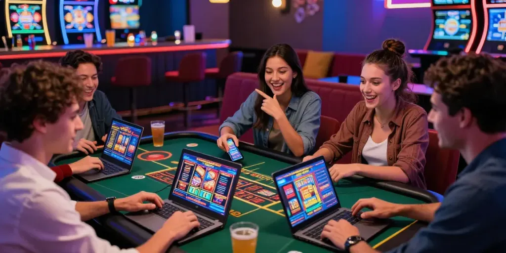 Friends enjoying an exciting gaming experience at non GamStop casinos, surrounded by colorful slot games and a vibrant atmosphere.