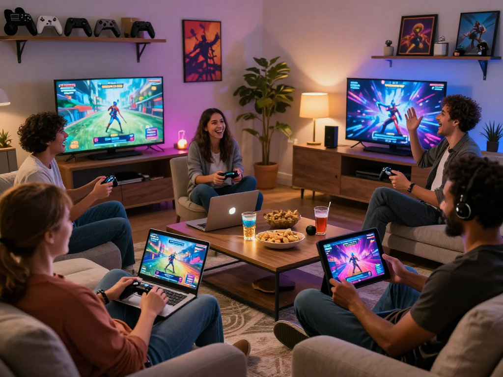 Adults enjoying porngame experiences together in a cozy gaming space