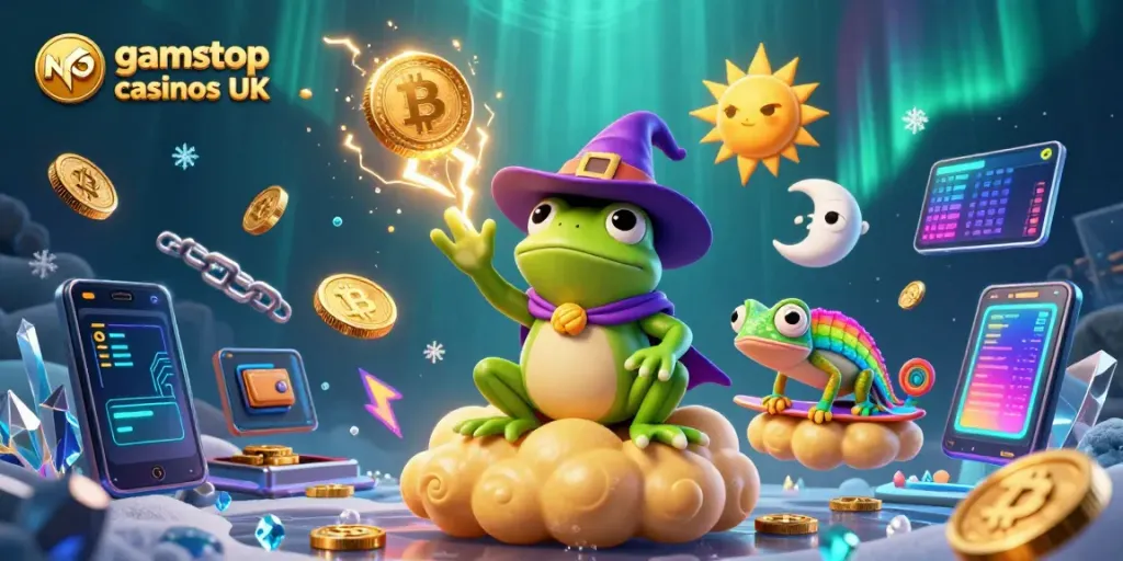 Experience the thrill of Non gamstop casinos UK with magical characters amidst golden coins and crypto coins.
