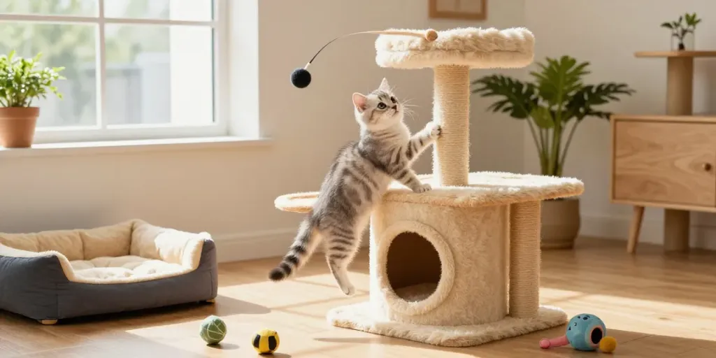 Playful kitten exploring a stylish cat tower with natural light