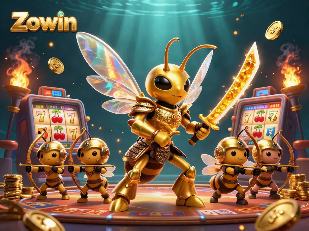 Zowin offers thrilling slot adventures with a lively golden hornet warrior leading a vibrant casino scene