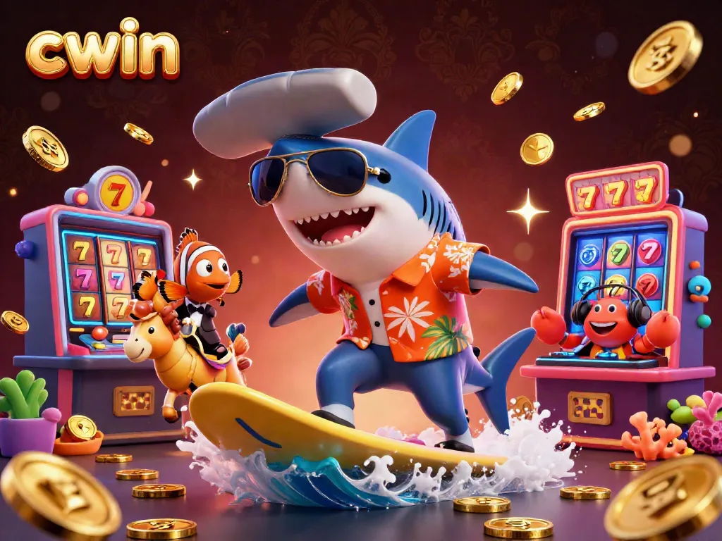 Experience the thrill of gaming with CWIN's vibrant casino scene featuring a shark and colorful elements.