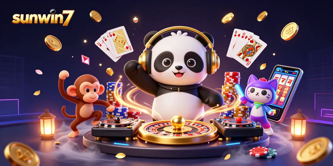 Win big at sunwin7 with a vibrant 3D casino themed illustration featuring a DJ panda, dancing monkey, and kitten.