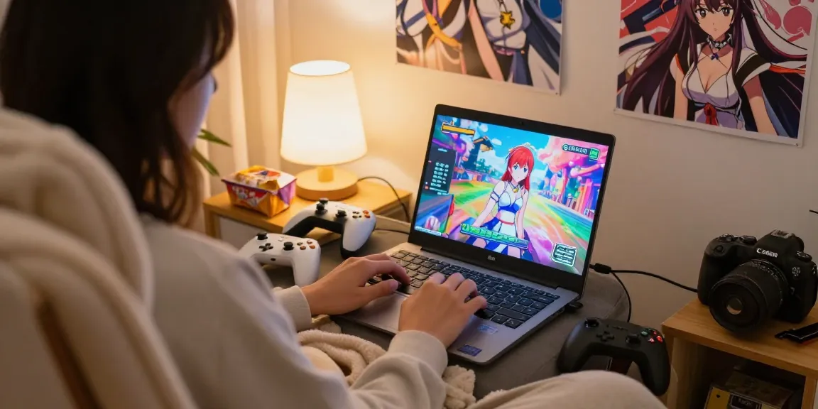Engaging scene of a person enjoying a hentai game on a laptop, showcasing vibrant graphics and a cozy atmosphere.