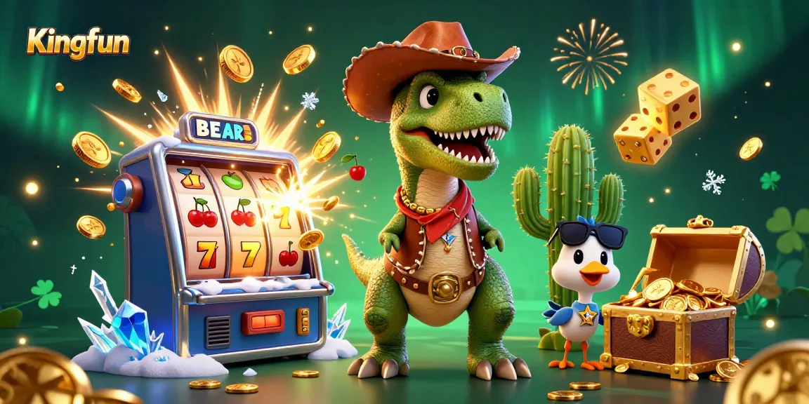 Experience thrilling wins at Kingfun with a dynamic scene of a cowboy dinosaur and casino elements.
