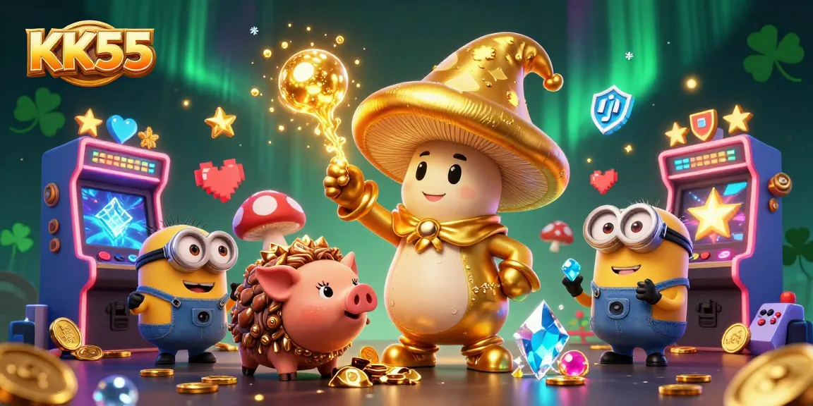 Experience the magic of KK55 with a golden mushroom wizard and treasure-seeking minions in a vibrant casino scene.